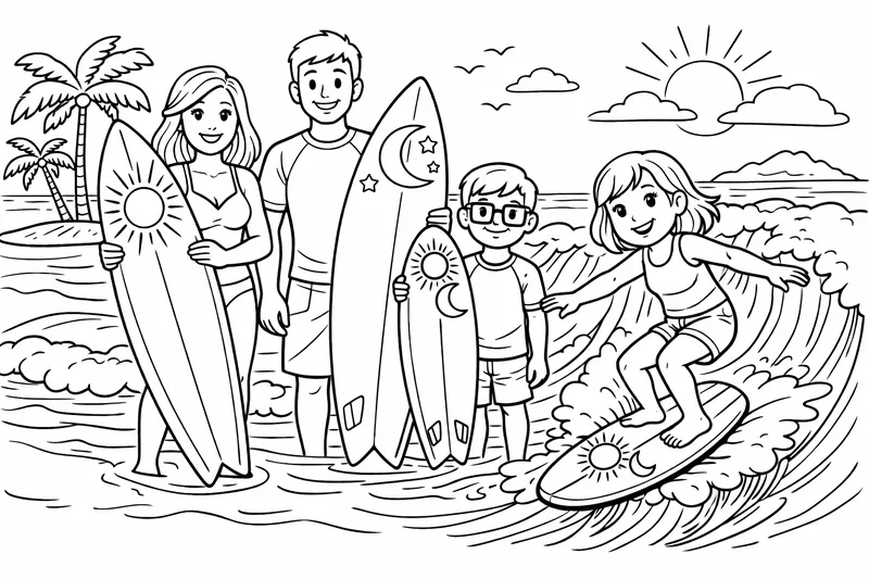 Eine Familie (Mama mit langen Haaren,Papa,Bruder mit einer Quatratischen Brille,Schwester mit Haaren die bis zur Schulter gehen) die Surven gehen. Das Brett von der Mama hat eine Sonne drauf. Das Brett von Papa hat einen Mond drauf und das Brett des Bruder und der Schwester haben beide eine sonne und einen Mond drauf. Die Schwester ist gerade auf einer Welle