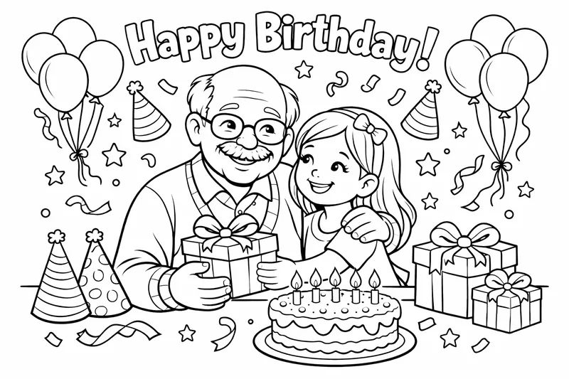 Ein opa mit seiner Tochter und drüber steht Happy Birthday.