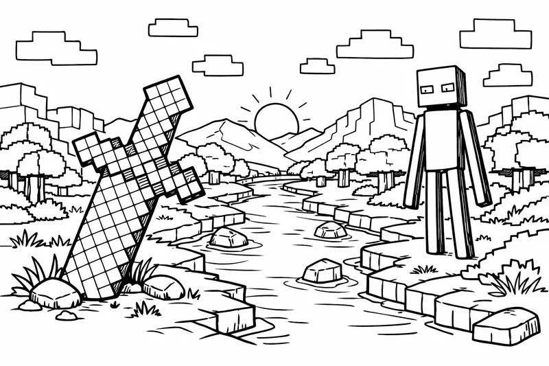 A minecraft sword and next to it a river with a landscape around it and an Enderman.
