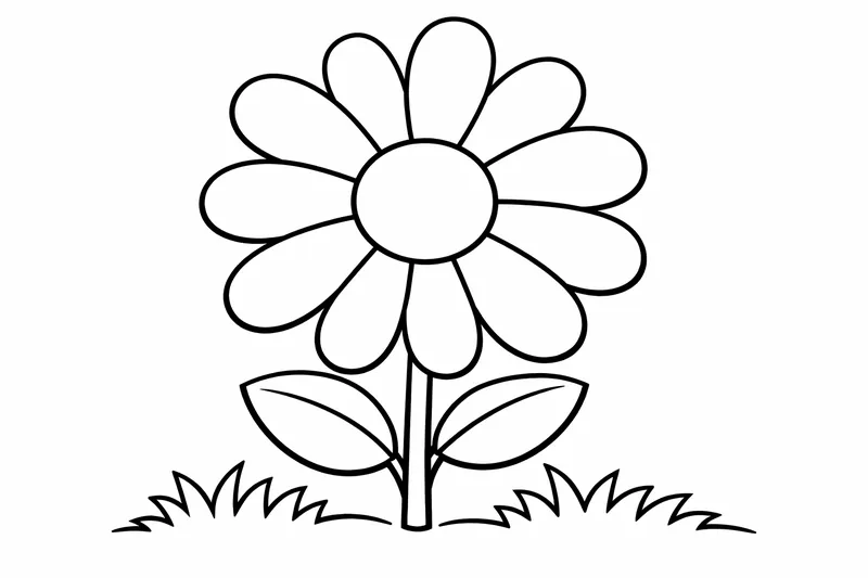 A single daisy flower with very large petals, thick bold outlines, big spaces to color, simple flower coloring page for toddlers ages 2–4