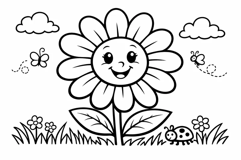 A friendly daisy with oversized petals and a happy face, bold thick lines, simple flower