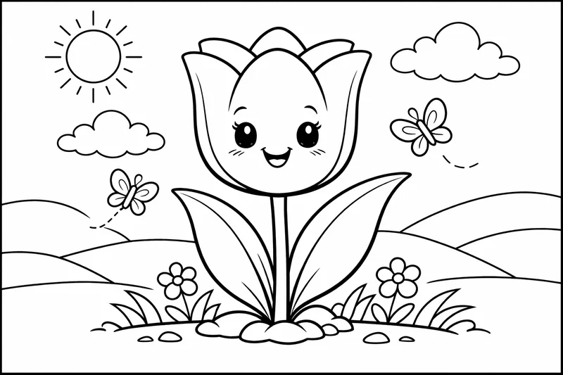 Une tulipe joyeuse avec des zones vides généreuses et des courbes douces, fleur simple