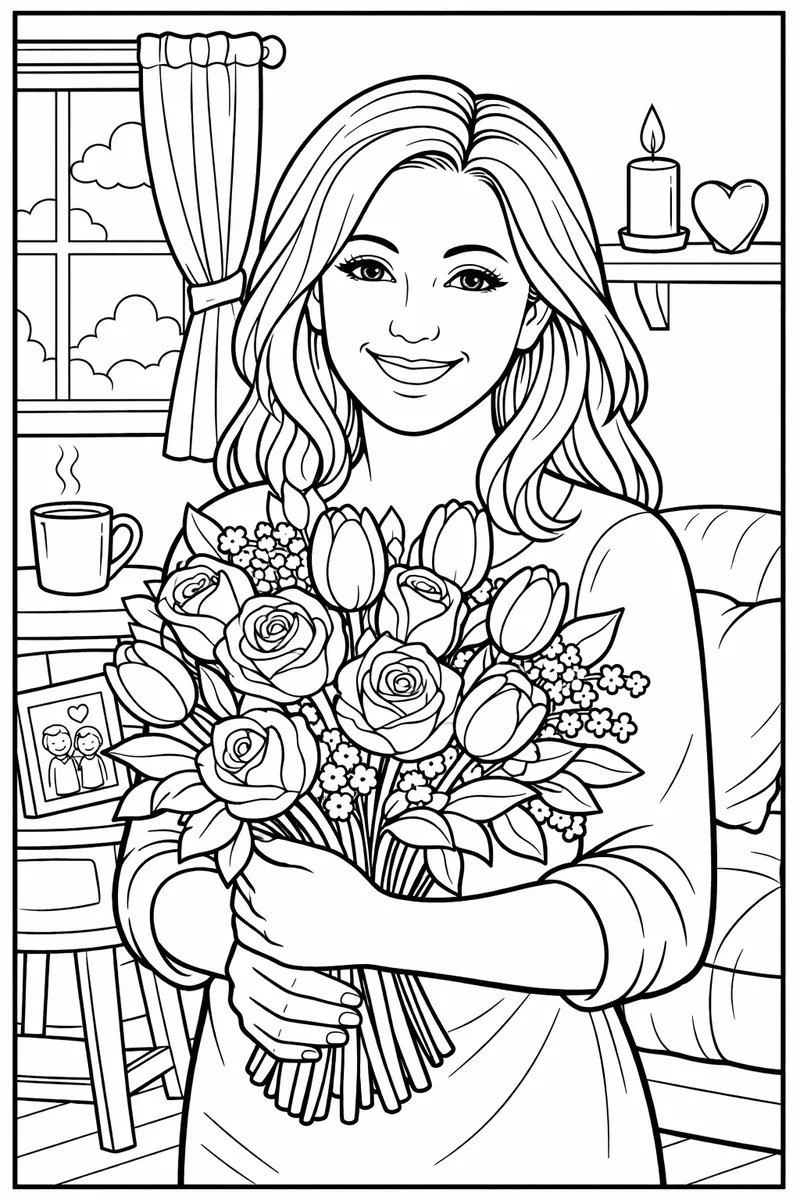 A smiling mom holding a bouquet of roses and tulips, warm cozy scene, mother bouquet