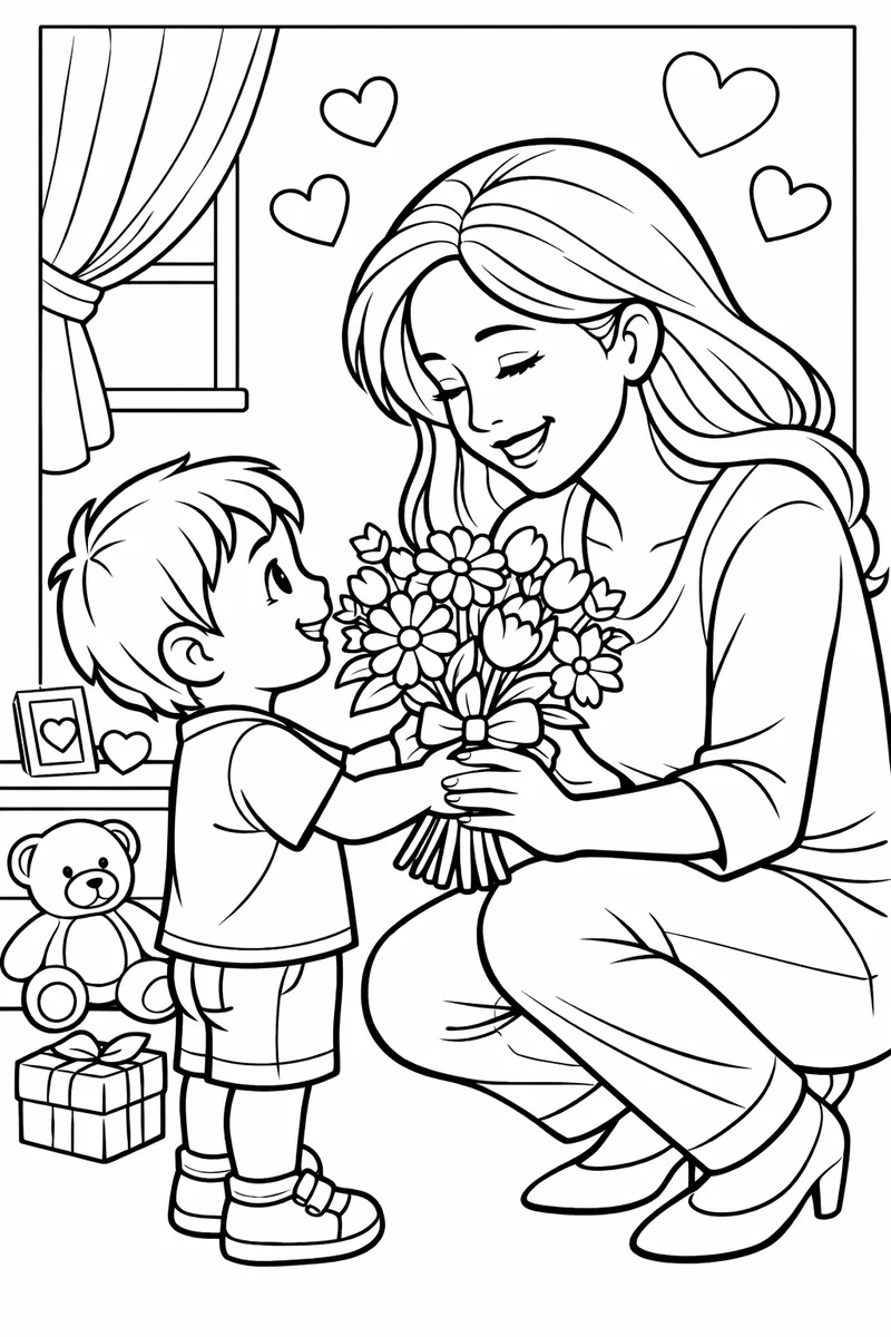 A young child giving mom a bouquet of flowers, heart-warming moment, mother bouquet