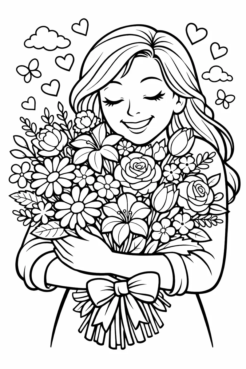 Mom embracing a bouquet of mixed flowers, cheerful and bright, mother bouquet