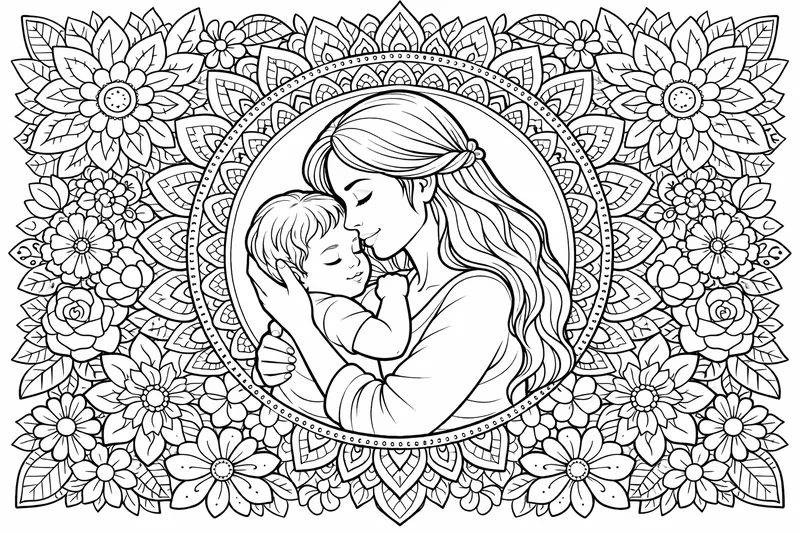 Ein detailliertes Porträt einer Mutter, die ihr Kind hält, umgeben von einem floralen Mandala-Rahmen, Mutterporträt