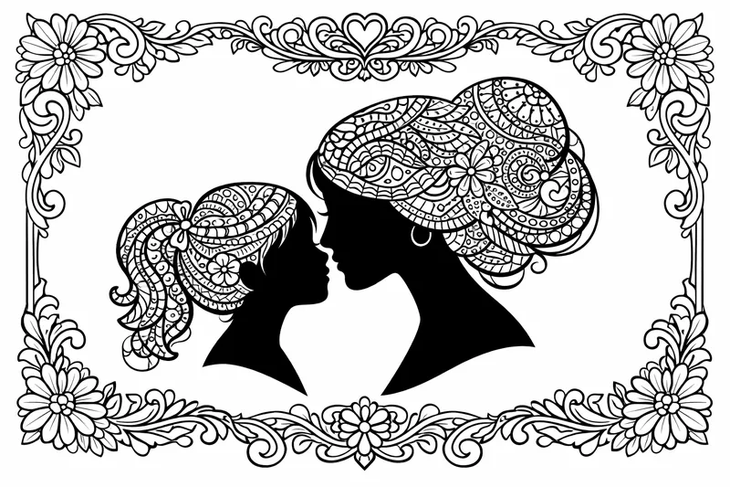 Eine Mutter- und Tochter-Silhouette mit dekorativen Haarmustern und einem verzierten Rahmen, Mutterporträt