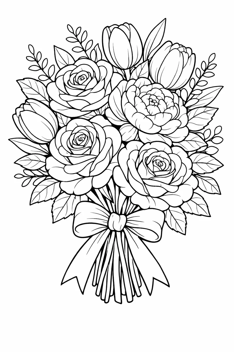 An elegant flower bouquet of roses, tulips and peonies tied with a ribbon
