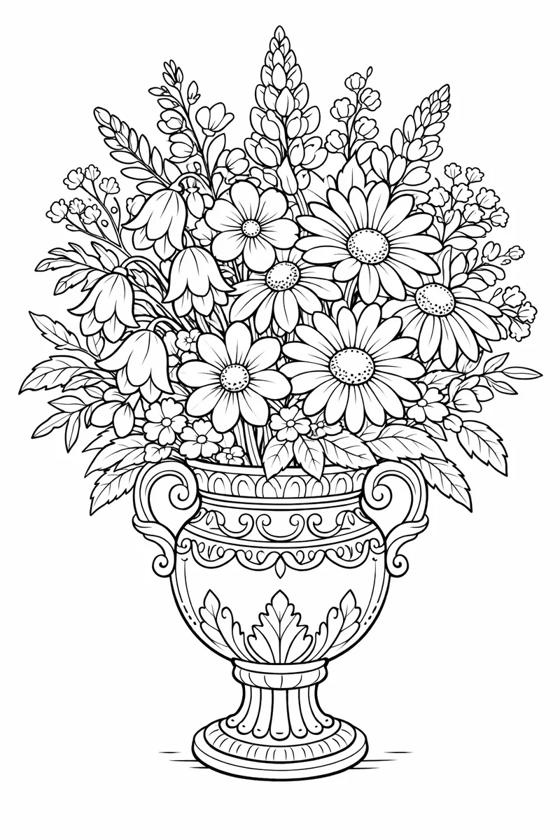 A flower bouquet of wildflowers in a vintage vase with intricate petals