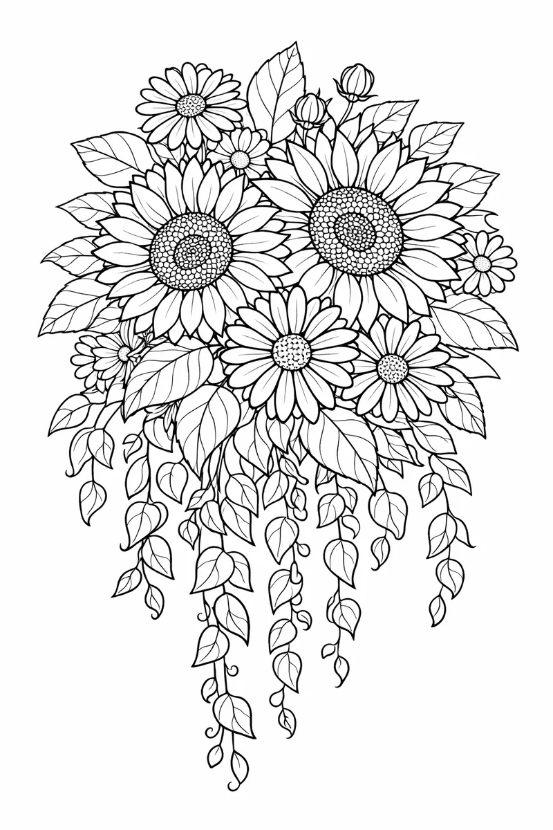 A mixed flower bouquet with sunflowers, daisies and trailing leaves