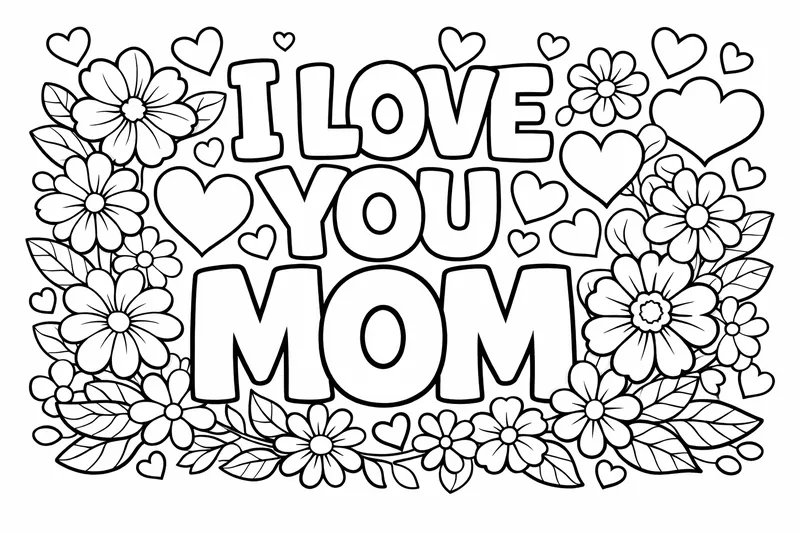 "Ich liebe dich Mama" in großen Bubble-Buchstaben, umgeben von Herzen und Blumen