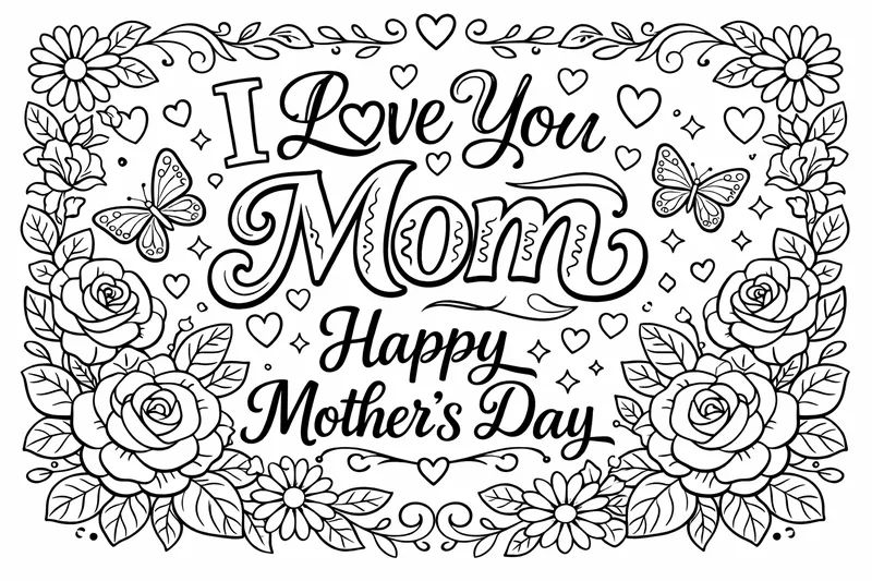 "Ich liebe dich Mama, frohen Muttertag" in dekorativer Schrift mit floralen Ornamenten