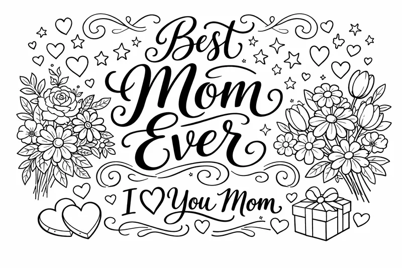 "Beste Mama aller Zeiten" in eleganter Handbeschriftung mit Wirbeln und Sternen, ich liebe dich Mama