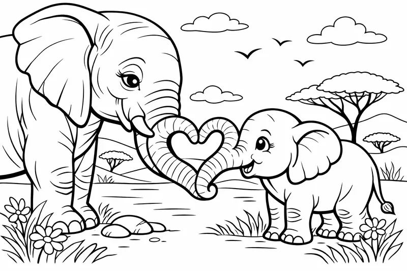 Eine Mutter Elefant und Baby Elefant mit ihren Rüsseln, die ein Herz bilden, Tiermutter Baby