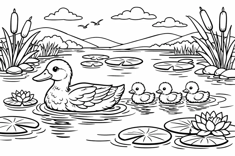 A mother duck swimming with three ducklings behind her, pond scene with lily pads, animal mom baby