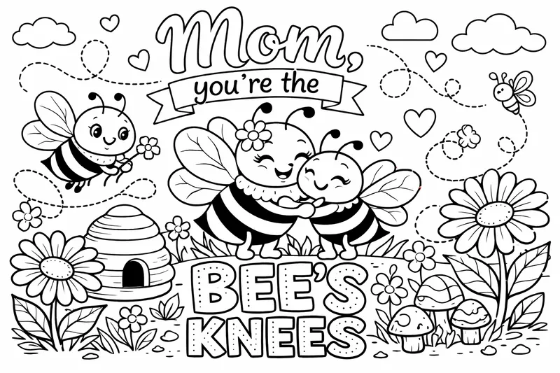 Drei Cartoon-Bienen mit dekorativem Text 'Mama, du bist die BIENENKNIE', Mutterwitz
