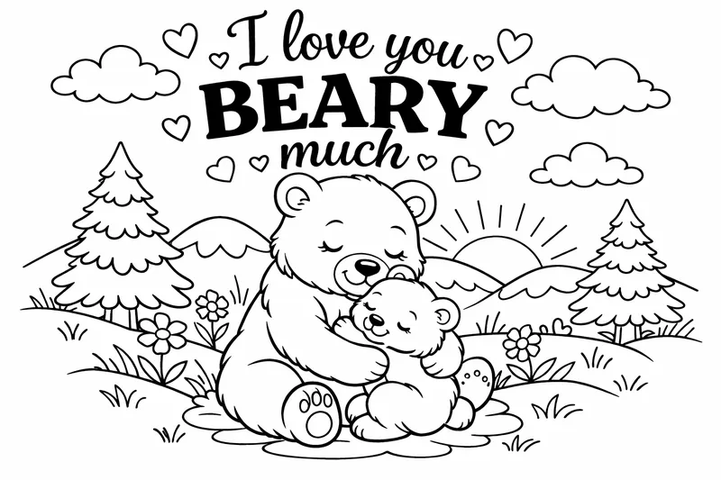 Una escena de abrazo de oso con el texto "Te quiero MUCHO oso", juego de palabras de madre