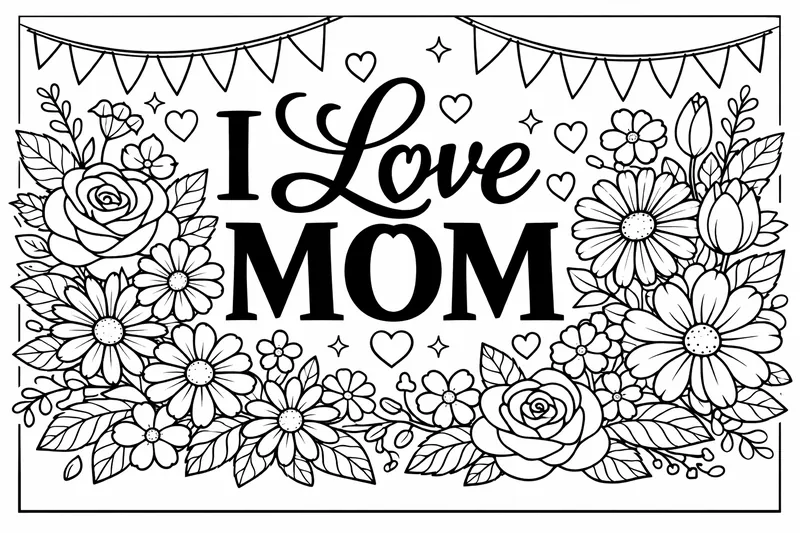 Una pancarta del día de la madre con el texto "Amo a mamá" y decoraciones florales