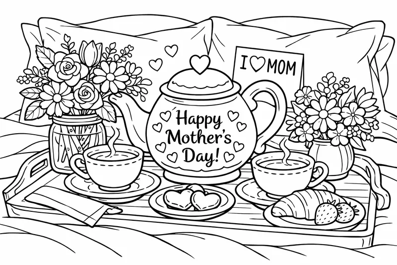 A mothers day teapot and teacups with flowers for breakfast in bed