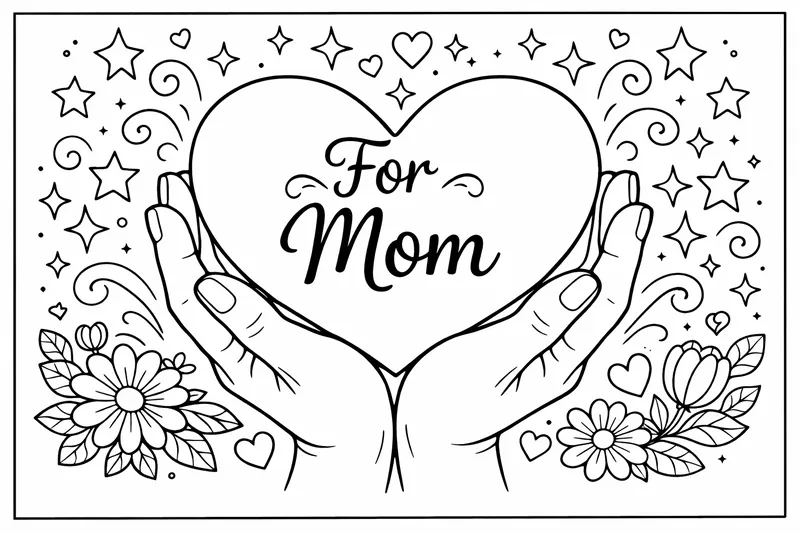 Hands holding a heart with text "For Mom" surrounded by stars, mothers day