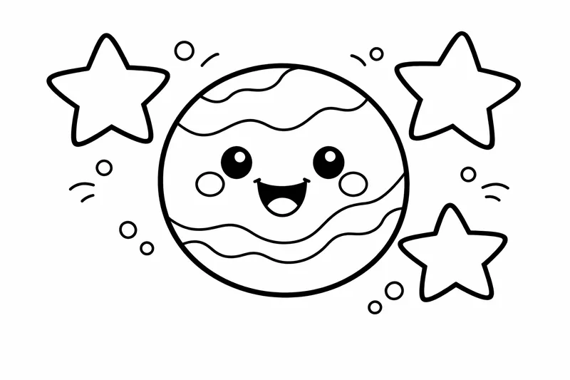 Une planète ronde souriante avec trois grandes étoiles autour d'elle, contours audacieux
Niveau préscolaire (2–3 éléments, scènes reconnaissables)