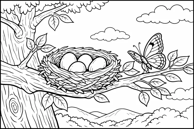 Ein Baum mit einem Vogelnest, das drei Eier hält und ein Schmetterling auf einem Ast