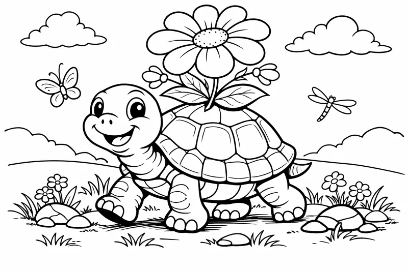 Una tortuga sonriente llevando una flor en su caparazón, caminando sobre la hierba