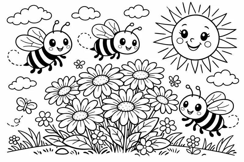 Trois abeilles volant autour d'un groupe de marguerites, avec un soleil amical dans le coin Niveau écolier précoce (plus de détails, scènes remplies)