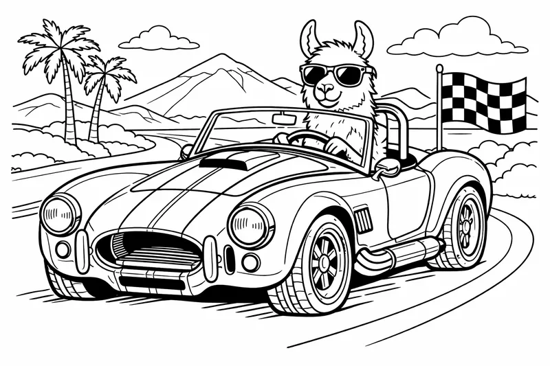 Shelby Cobra mit Llama hinter dem Lenkrad