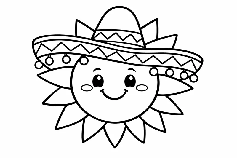 Eine einzelne große lächelnde Sonne mit einem Sombrero, große klobige Umrisse, viel leerer weißer Raum, sehr einfache Formen
