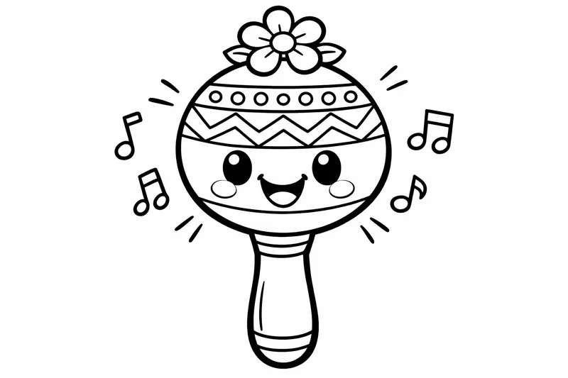 Eine große Maraca mit einem lächelnden Gesicht und einer einzelnen Blume darüber, dicke Linien, fast cartoon-einfach
