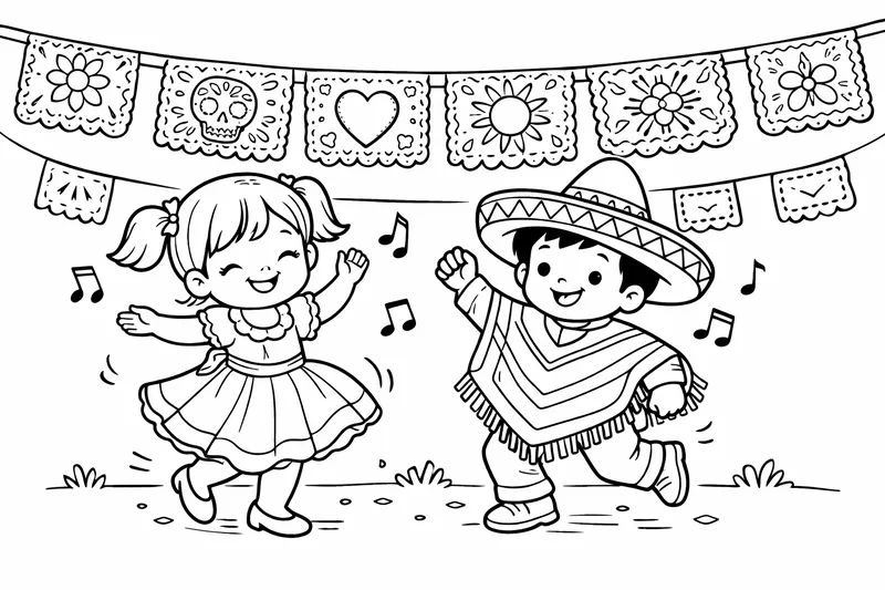 Zwei Kinder tanzen unter Papel Picado Bannern, einfache geometrische Paneele über dem Kopf, zwei Figuren