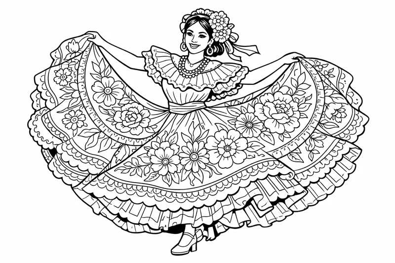 Une danseuse folklorique en plein tourbillon avec une robe fluide pleine de motifs floraux complexes, figure unique, travail de ligne détaillé