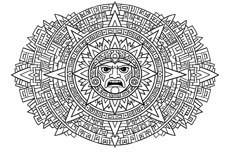 Aztec-inspired mandala with sun motif at center, stepped patterns radiating outward, many fillable shapes