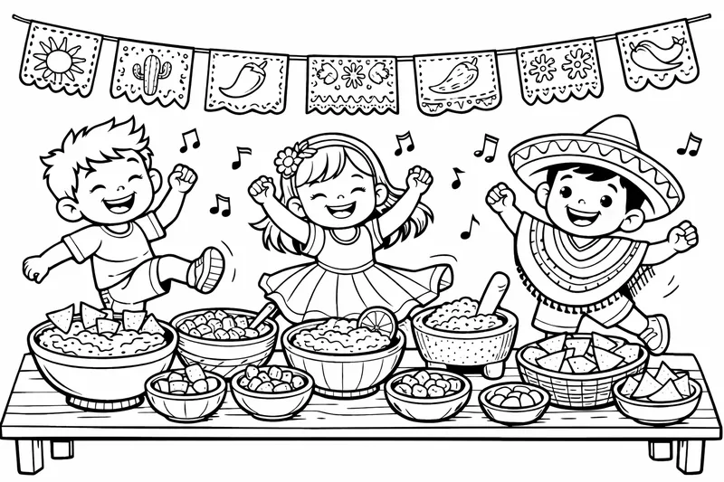 A long table loaded with bowls of guacamole, salsa, and chips, banners overhead and three children dancing around it