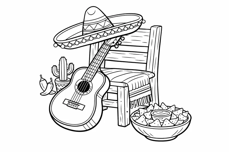 Eine Gitarre lehnt gegen einen Stuhl mit einem Sombrero darauf und eine Schüssel Nachos auf dem Boden daneben