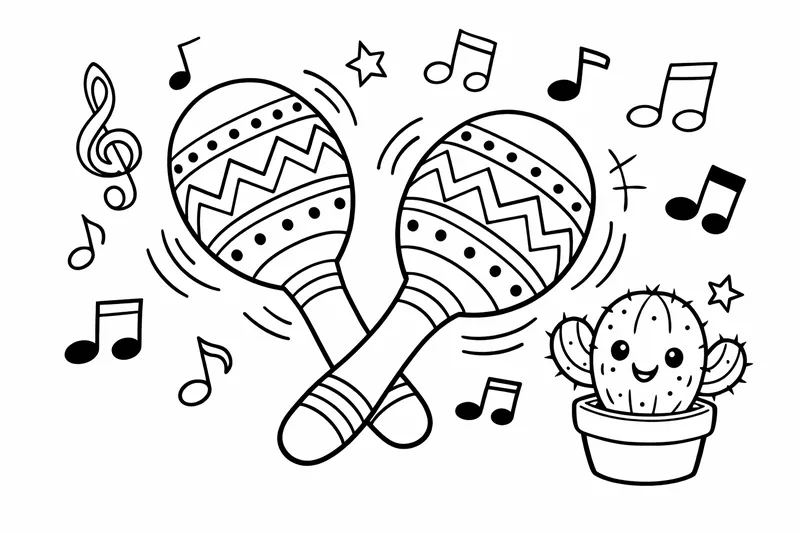 Ein Paar Maracas mitten im Schütteln mit um sie herum schwebenden Musiknoten und einem kleinen lächelnden Kaktus in der Ecke