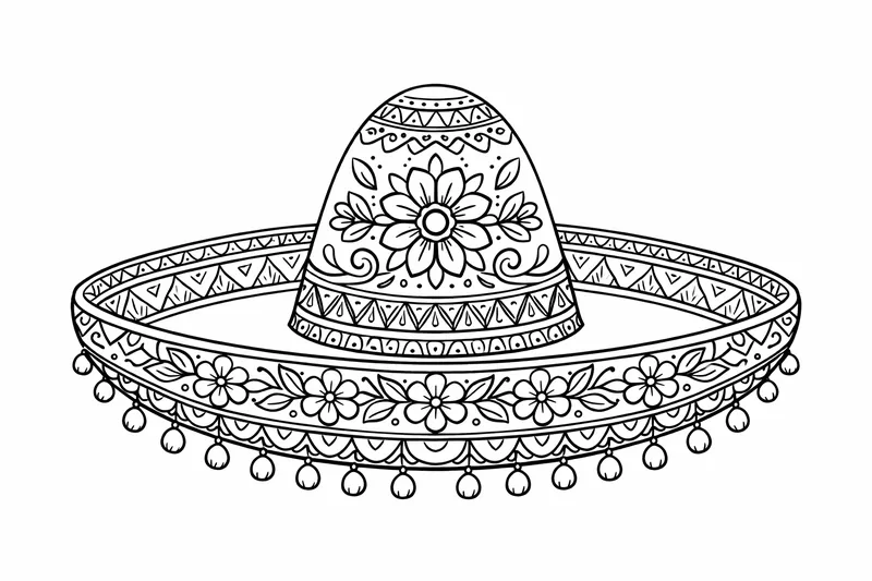 A patterned sombrero with intricate floral and geometric designs, single object centered, detailed line work