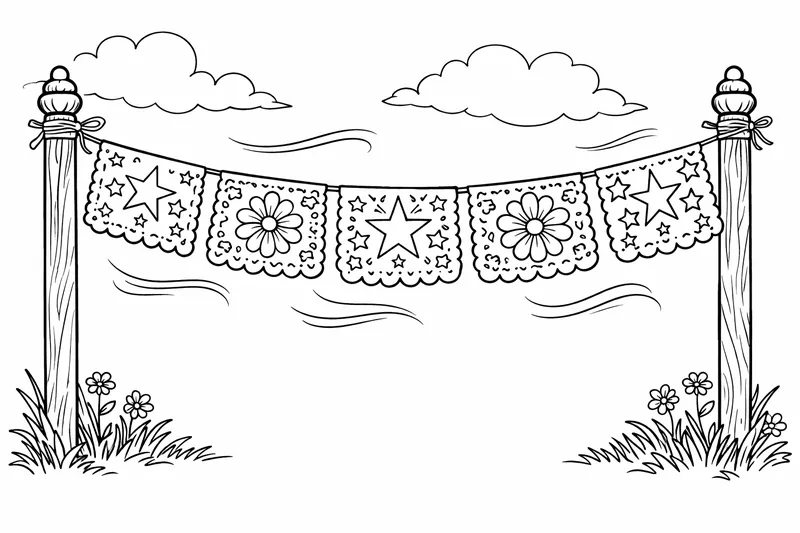 Ein Papel Picado Banner mit Stern- und Blumenausschnitten, gespannt zwischen zwei Pfosten, flatternd im Wind