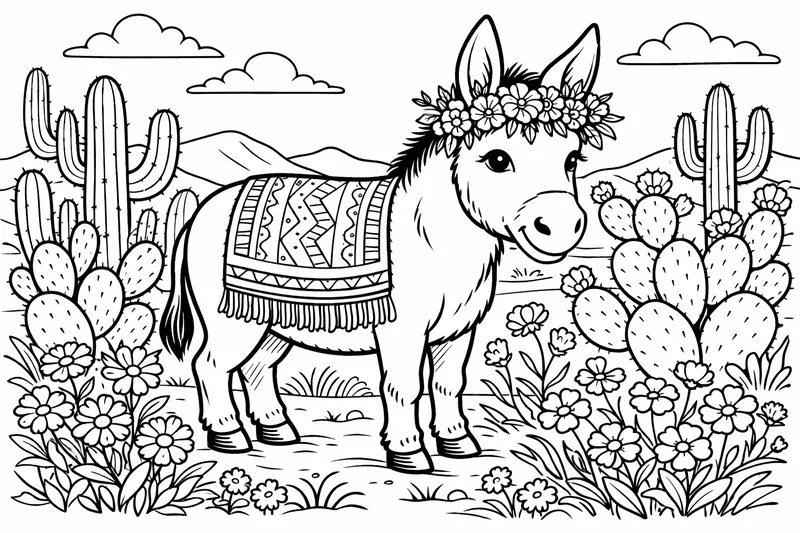 A burro wearing a flower crown and a small woven blanket, standing in a field of cacti and wildflowers
