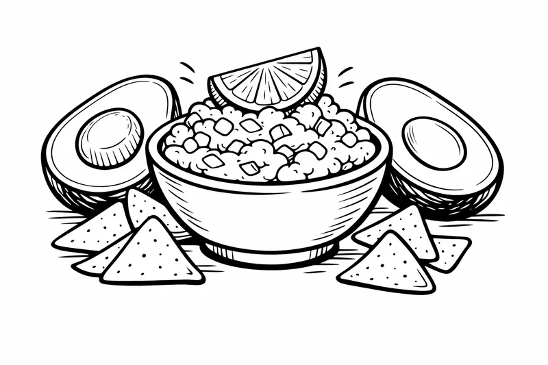 Un tazón de guacamole con mitades de aguacate alrededor, una rodaja de lima encima, estilo de dibujos animados simple