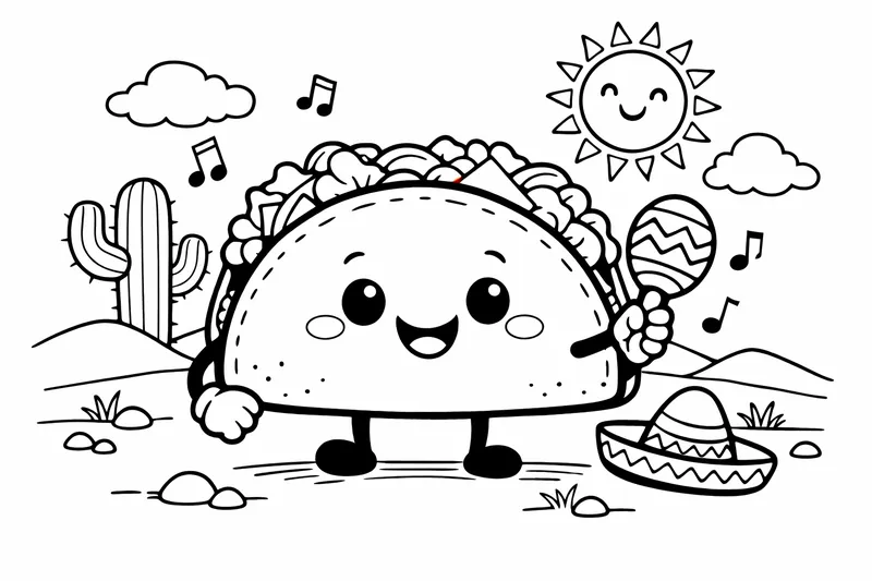Eine Taco-Figur mit einem lächelnden Gesicht, zwei Armen und kleinen Beinen, die eine Maraca hält