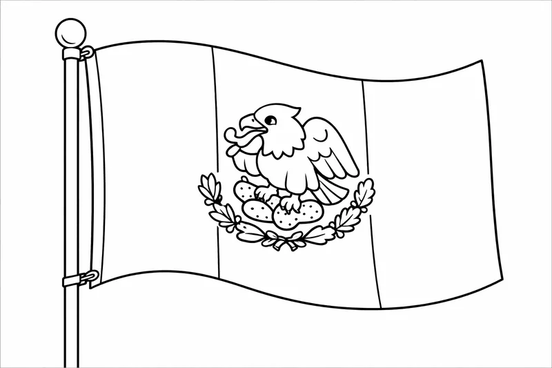 Eine einfache mexikanische Flagge weht auf einem Fahnenmast, das Adlermotiv vereinfacht für jüngere Ausmaler