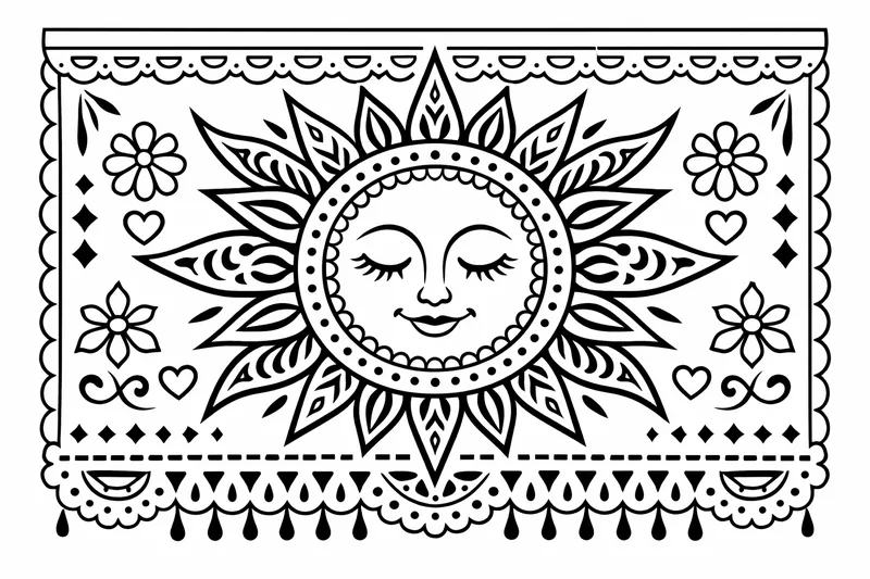 Eine Sonne im Papel-Picado-Stil mit Strahlen und Ausschnittsmustern, einzelnes zentrales Objekt