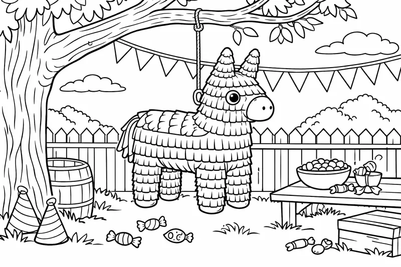 A burro-shaped piñata covered in layered fringe paper, suspended from a tree branch in a backyard