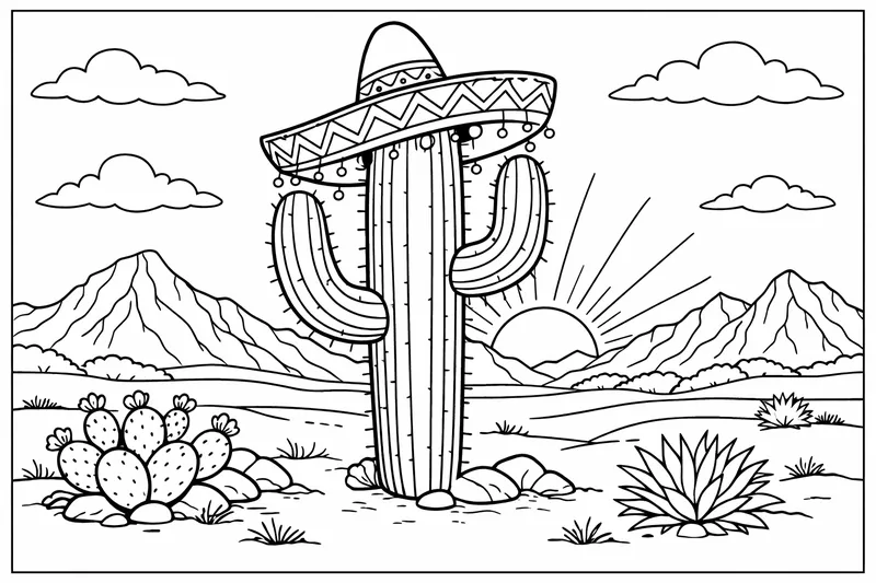 A tall saguaro cactus with two arms wearing a sombrero, set against a desert sunset with mountains