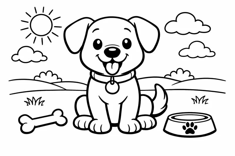 Freundlicher Cartoon-Hund sitzt, fette dicke Umrisse, große offene Flächen zum Ausfüllen