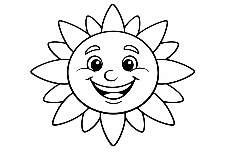 Big smiling sun face with chunky rays, thick lines, wide fillable spaces