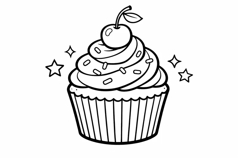 Einzelner Cupcake mit einer Kirsche oben drauf, kräftige Linien, einfache ausfüllbare Formen