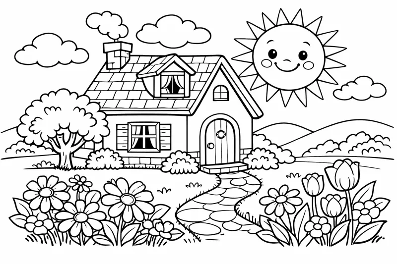 House with a smiling sun, garden flowers and a small tree, recognizable scene, medium detail